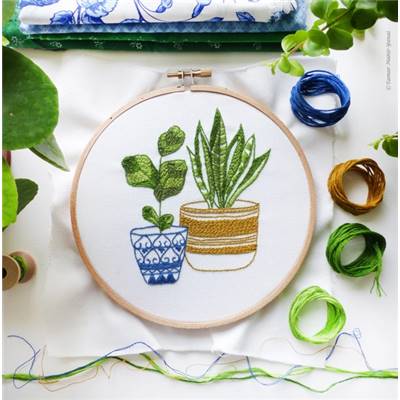 BLUE & GREEN HOUSEPLANTS-KIT BRODERIE 21X21CM-TAMBOUR NON INCLUS
